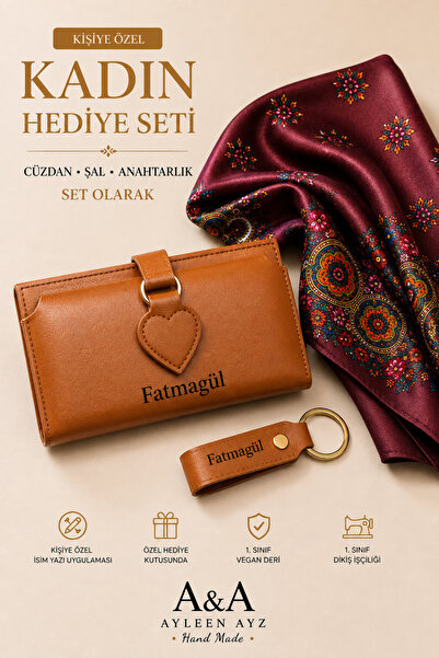 Ayleen Ayz KİŞİYE ÖZEL Kadın Hediye Seti | Deri Cüzdan, Şal-Fular & Anahtarlı...