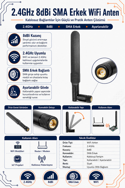 Genel Markalar 2.4GHz 8dBi SMA Erkek WiFi Anten