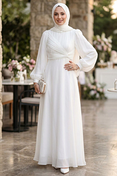 N.S NEVA STYLE Drape Detaylı Beyaz Tesettür Abiye Elbise 62201B