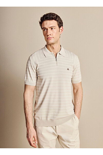 BROOKS BROTHERS Bej Erkek Çizgili Triko T-Shirt BBSS26MKL003