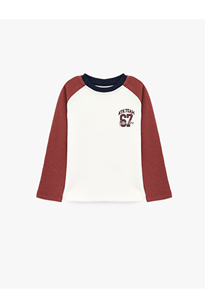 Koton Printed Cotton Textured Crew Neck Long Sleeve Oversize T-Shirt