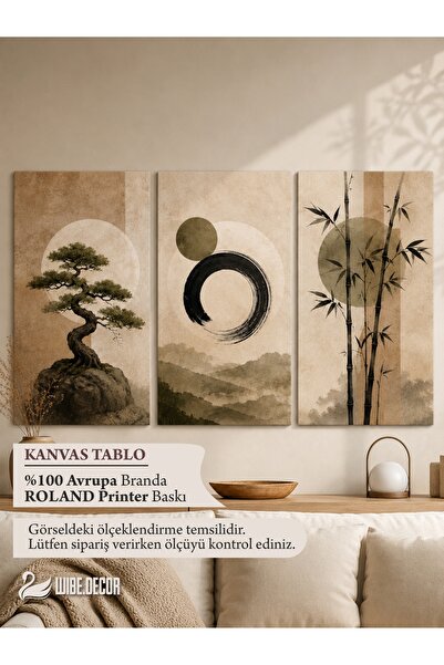 Genel Markalar 3’lü Japandi Kanvas Tablo Seti – Bej Tonlu Bonsai Bambu Zen Mi...