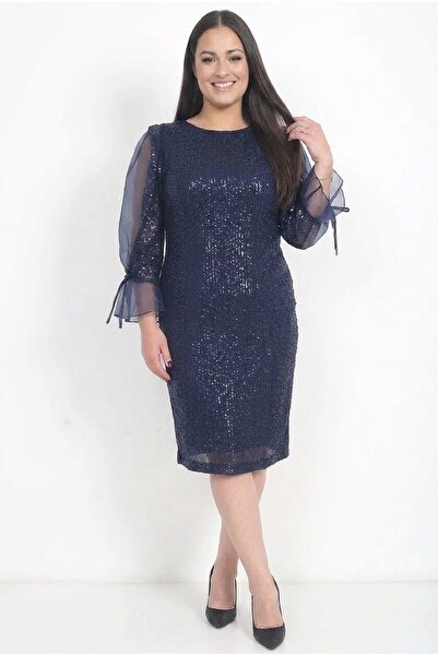 By Saygı Women's Sleeves Half Organza Lined Sequin Plus Size Dress