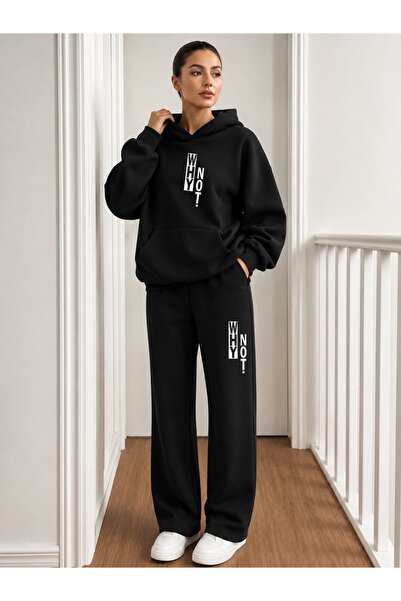 FUFLUNS Why Not Printed Men's Hooded Tracksuit Set with Piped Trim Bottom/Upper