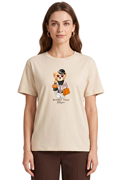 DK DAKSEL Women's Beige Beverly Hills Teddy Bear Printed T-Shirt Comfortable ...
