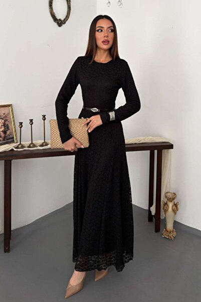 Moda Days Women's Long Sleeve Crew Neck Lace Textured Maxi Dress