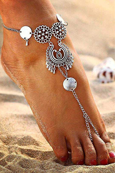 VeeShop Bratara boho cu inel pentru glezna, medalioane rotunde si banuti