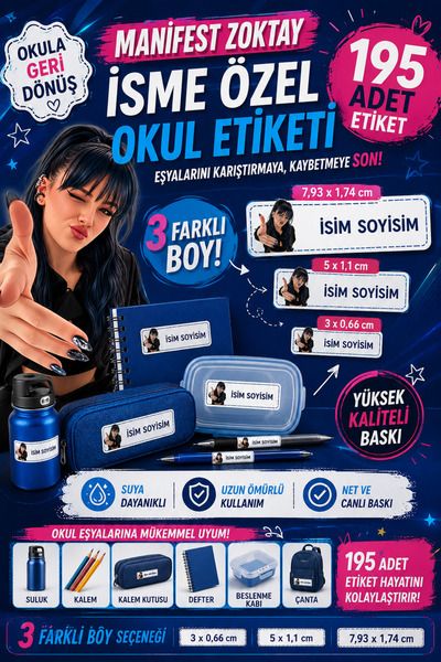 İsme Özel Manifest ZOKTAY Etiket Sticker - Okul Etiketi 195 Adet - Okula Dönüş