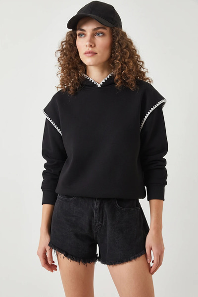 ALFA AKSESUAR 03 Women's Hooded Lace Detailed Black Sweatshirt