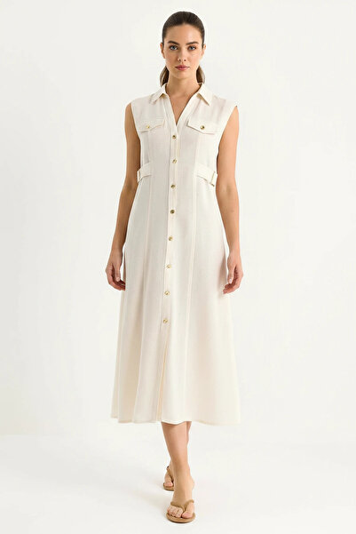 Şeker Portakalım Women's Gold Buttoned Waist Detailed Linen Beige Dress