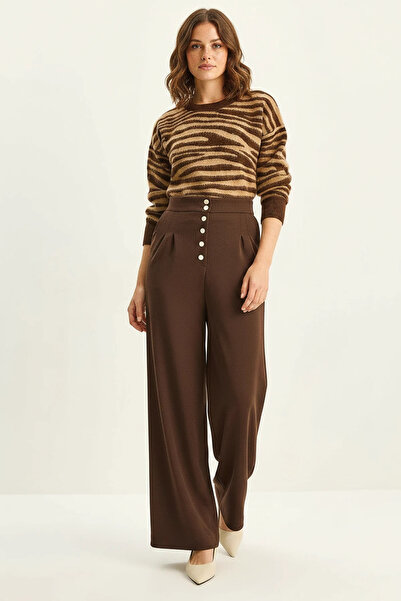 Efnaz style Women's Gold Button Detailed Pleated High Waist Palazzo Brown Tro...