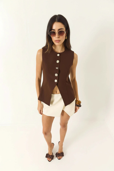 Efnaz style Women's Crew Neck Gold Button Detailed Lined Woven Bitter Brown Vest