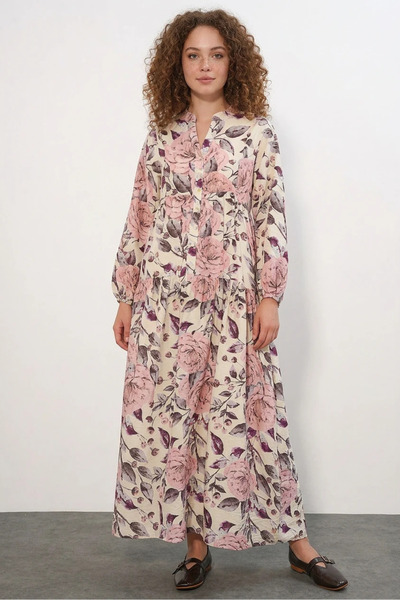 Efnaz style Women's High Collar Gathered Waist Floral Patterned Viscose Pink ...