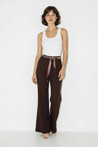 Efnaz style Women's Scarf Belt Detailed Spanish Flared Bitter Brown Trousers