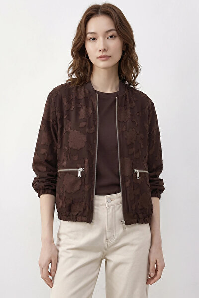 Efnaz style Women's Zippered Chiffon Printed Oversize Bitter Brown Jacket