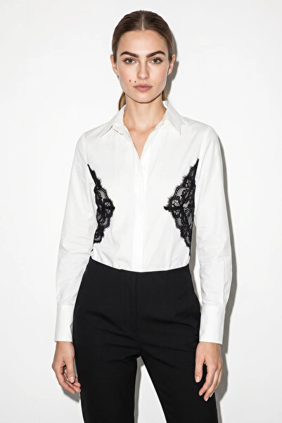 Generic Brand Women's White Shirt with Lace Detail at the Waist and Tie at th...