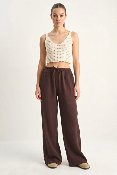 Efnaz style Women's Lace-Up Elastic Waist Muslin Wide-Leg Bitter Brown Trousers