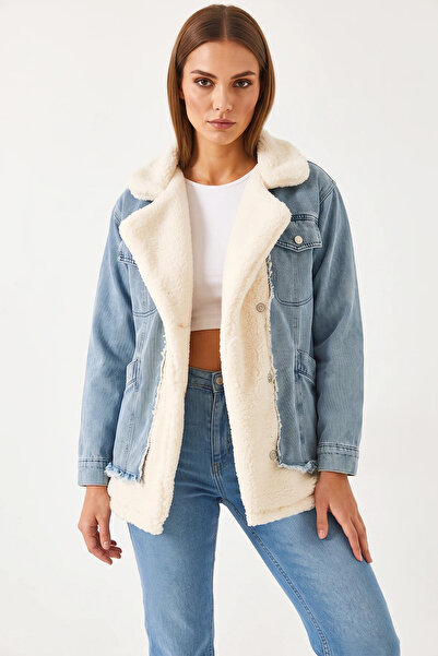 Efnaz style Women's Lined Denim Beige Blue Coat with Four Pockets