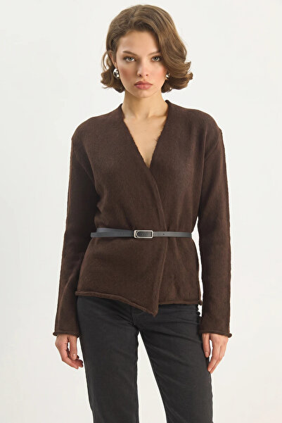 Generic Brand Women's Belt Detailed Knitwear Bitter Brown Cardigan