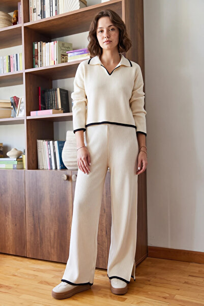 Şeker Portakalım Women's Striped Knitwear Beige Top and Bottom Set