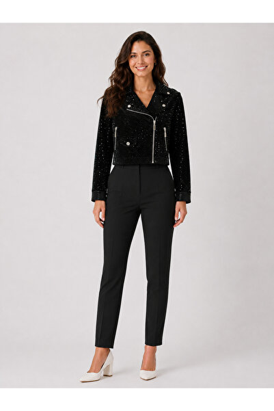ESİN BUTİK GİYİM Kadın Siyah Payetli Fermuarlı Crop Biker Ceket