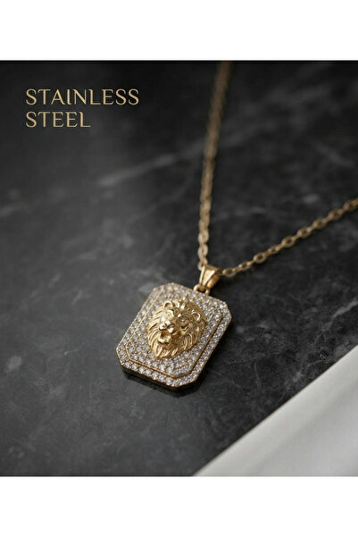 stainless steell 316L Steel Chain Gold Color Lion Medallion Model Zircon Ston...