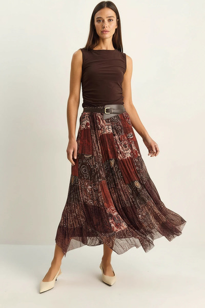 Şeker Portakalım Women's Belted Elastic Waist Patterned Pleated Asymmetrical ...