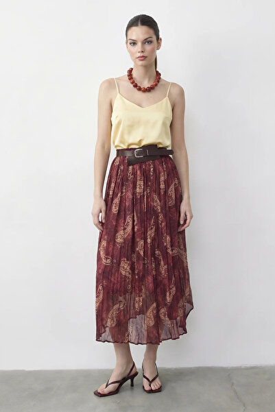 Efnaz style Women's Shawl Patterned Long Plum Skirt with Elastic Waist and Li...