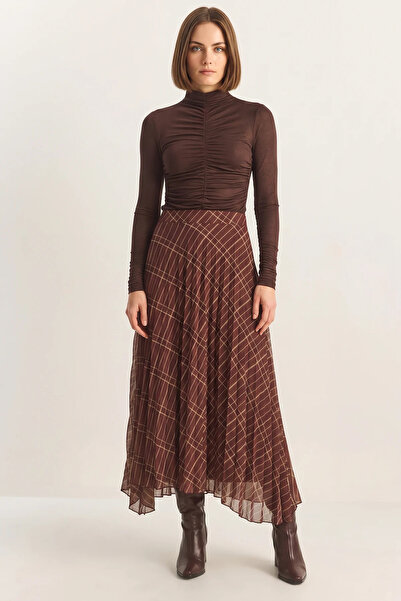 Generic Brand Women's Square Patterned Pleated Lined Chiffon Brown Green Skirt