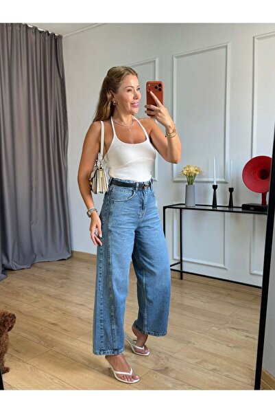 Size Özgü Mavi Dikiş Detaylı Mom Jean