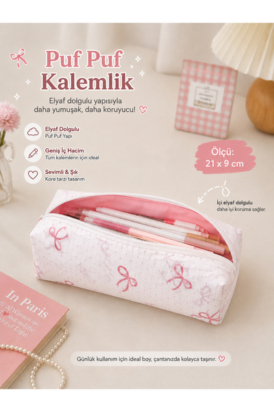 ikizelbutik Bowknot Korean Style Pink Pencil Case – Zippered Lined School & O...