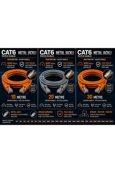 CAT6 Lan Ethernet Kablosu Kablo 2 Metre Metal Cat6 Jak Hazır İki Ucu Çakılı 1000 Mbps