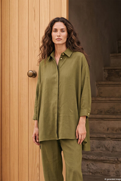 Lale Butik Straight Cut Button Detailed Modal Shirt 19605 Khaki