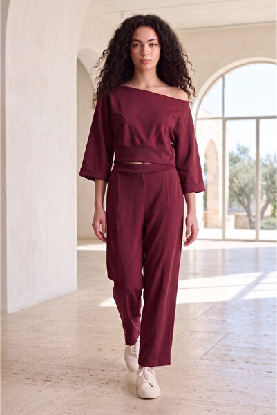 MELA ROSSA Women's Burgundy Modal Interlock Fabric Sweatpants with Stitching ...