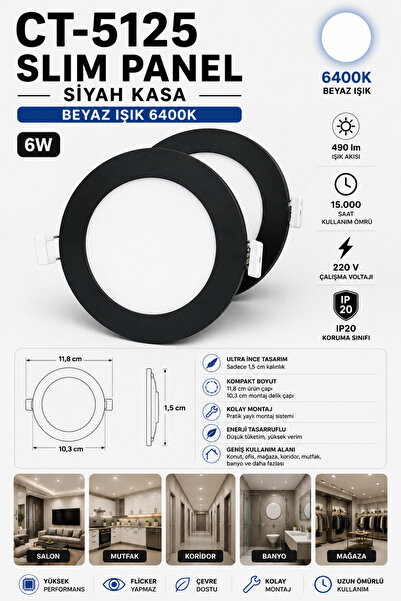 Yenilig CT-5125 Slim Panel 6W Siyah Kasa 6400K Beyaz Işık – 11,8 cm Ultra İnc...