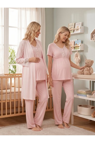 hamilecim Hamile Lohusa 3’lü Pijama Takımı Sabahlıklı Emzirme Özellikli Dantel Detaylı Pembe