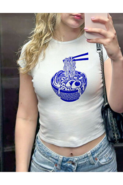 designedfy Kadın Ramen Baskılı Pamuklu Likralı Crop Beyaz