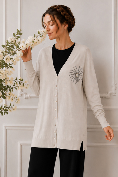 benguen Collar Detailed Mercerized Cardigan N3362 Stone Color