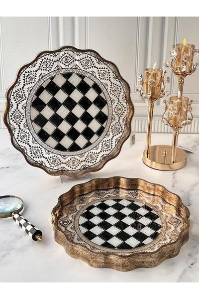 ROSSEV Antique Wood Look Glass Tray with 2 Checkerboard Patterns