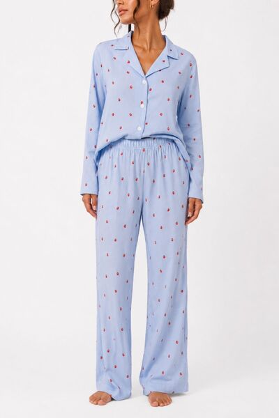 BELLA NOTTE Viscose Blue Strawberry Patterned Long Sleeve Pajama Set