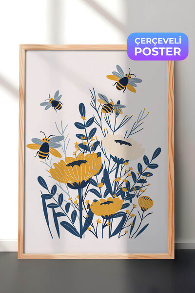Zestia Tablou de perete cu artă botanică înrămată în lemn, ilustrație cu albi...