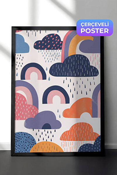 Zestia Pictură murală cu artă geometrică minimalistă în cadru negru, nori de ...