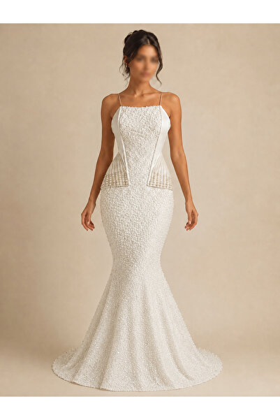 TOP BERLANTY White Mermaid Evening Dress with Beaded Pearls