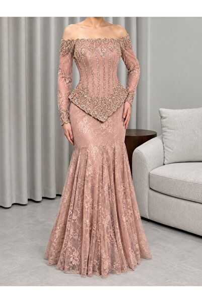 Jood Long Lace Mermaid Evening Dress with Rhinestones
