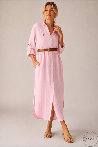 Cassime Γυναικείο μακρύ πουκάμισο Baby Pink Muslin 100% βαμβακερό φόρεμα over...