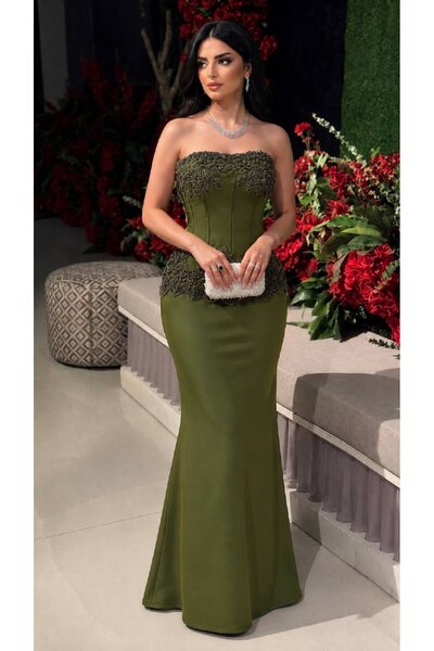 Calissa Store فستان سهرة زيتي كورسيه بتطريز فاخر غريب