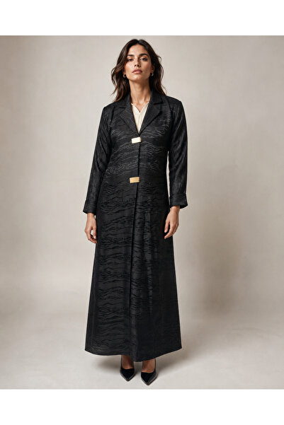 KAVALEE Black Textured Jacquard Abaya with Gold Bar Closure