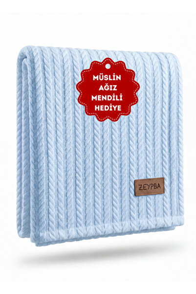 ZEYPBA Knitted Pattern Cotton Baby Pique Baby Blanket Baby Blue 100X110 cm