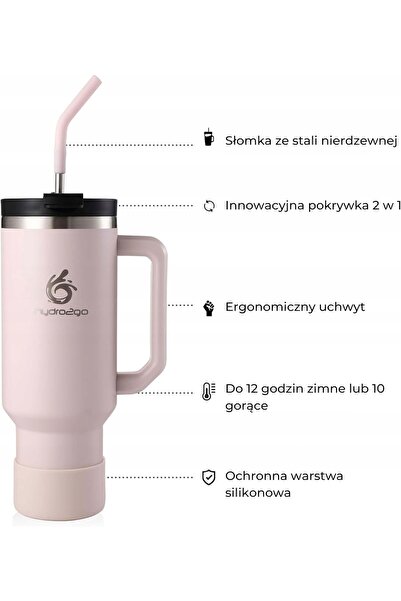 NO BRAND Cana termică 1200ml din oțel inoxidabil cu pai și mâner, roz pudră