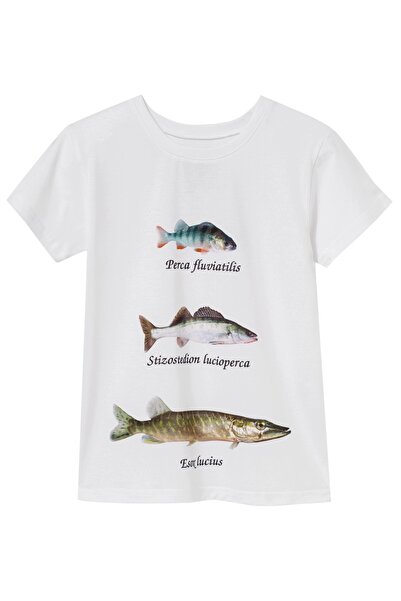 NO BRAND Tricou copii Wadera alb cu trei pești -134/140